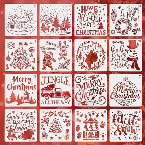 LPAMABA 16 Stk 15x15cm Klein Weihnachten Schablonen Malen Weihnachtsschablonen Weihnachten Malschablonen Zeichenschablone Weihnachten Weihnachtsbaum Schneeflocken Plastik Vorlage Fenster Wand DIY