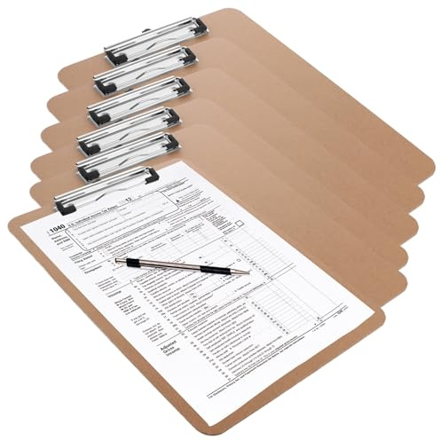 ASelected Lot de 6 planchettes à pince A4 en bois durable avec clip à profil bas, planches à clip en isorel avec trou de suspension et clip en métal pour bureau, école, restaurant, entrepôt, salle de