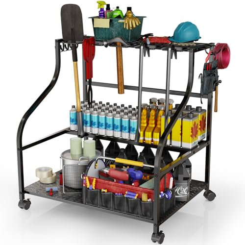 Gartenwerkzeug-Organizer mit Rollen, 3-stöckig, Werkzeugaufbewahrung mit Haken, robuster Stahl-Werkzeugständer für Besen, Schaufel, Werkzeuge mit langem Griff, Garten-Werkzeughalter für Garage,