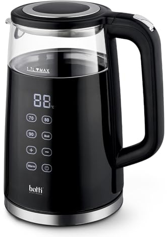 Botti Maverick bouilloire électrique 1,7L | Chauffage rapide | Verre borosilicaté | Affichage numérique |4 réglages de température | Élément chauffant caché | Fonction de maintien au chaud
