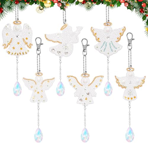 MONCAP 6 PCS Diamond Art Painting Kits 5D Guardian Angel Diamond Keyrings Double Sided DIY Art and Craft Christmas Hanging Ornament Pendant for Window Home Garden