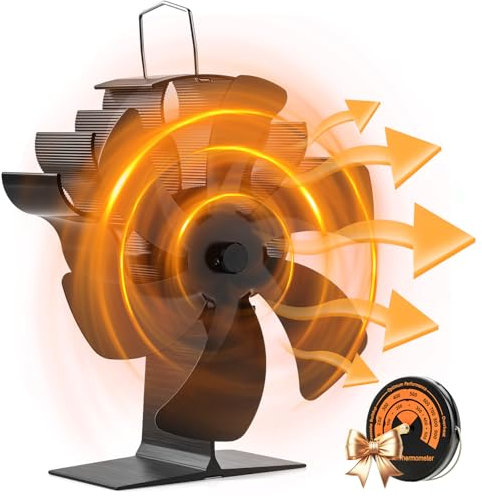 SiHaedy Log Burner Fan – 6 Blades Stove Fan with Thermometer for Wood Burner Stoves, Fireplaces, Stove Heaters, Eco Friendly Heat Powered
