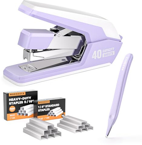 Müheloser Hefter,Für 40 Blatt,1-Finger-Press-Heftung,Ergonomisches Design,2000 Heftklammern und magnetischem Klammerentferner Violett