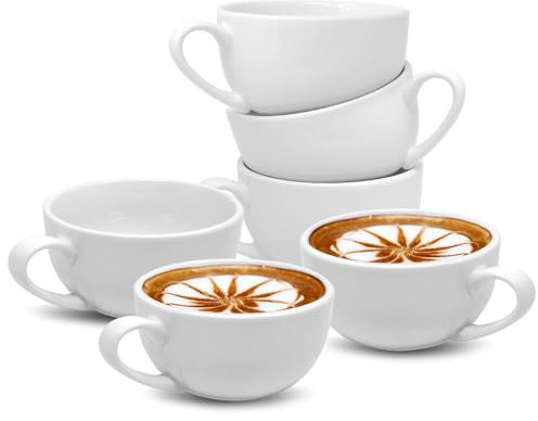 UNIQUE HOME LIVING Cappuccino Cups Set of 6, White Porcelain Cappuccino Cup with Handle, Large 270ml Mug Set for Tea Coffee, Latte, Espresso & Americano, Microwave Freezer and Dishwasher Safe
