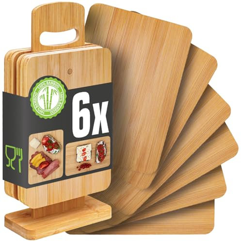 DuneDesign Breakfast Board Set with Stand - 22x15 Set of 6 Chopping Boards - Wooden Serving Boards - Chopping Board Set with Stand - Small Cutting Boards Wooden Breadboard Food Chopping Boards
