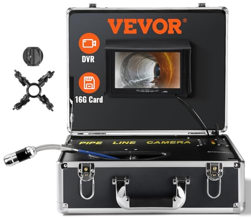 VEVOR Telecamera per Ispezione Tubi 50 m Endoscopio per Scarichi con Schermo da 7'', Funzione DVR, Impermeabile IP68, 12 LED Orientabili, Scheda SD 16 GB, Cavo Semirigido per Condutture, Fognature