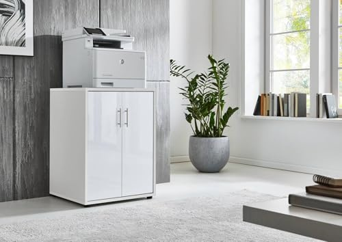 Armadio per stampante Office Edition con 2 ante, 2 ripiani, mobili per ufficio, altezza 74 cm (bianco/bianco lucido)