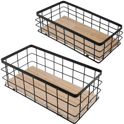 FUNSUEI Set of 2 Wire Storage Basket Bins, Wall Mounted Wood Base Storage Organizer with Traceless Nails, Detachable Metal Wire Baskets for Kitchen, Cabinets, Office, Bathroom, Toilet Paper
