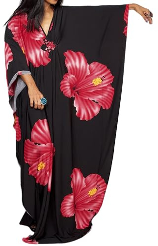 Bsubseach Moo Moos - Vestido caftán para mujer, estampado floral, talla grande, vestido de playa con bolsillos, Rojo, Talla única