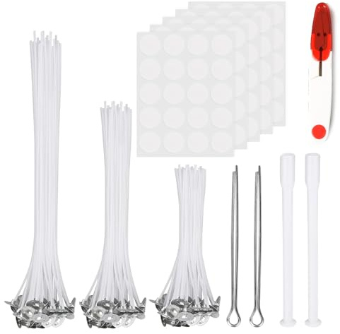 100-Teiliges Kerzendocht Set, Baumwolldocht in 3 Längen (10/15/20cm) mit Schere und Zentrierhilfe, Dochte für Kerzen Selber Machen Set für DIY Handwerk