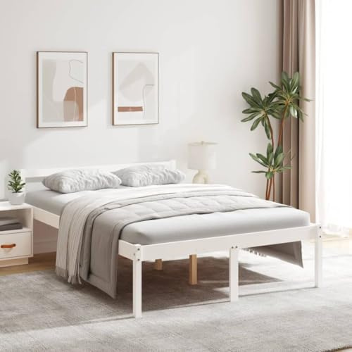 HaoChrymec Cama de Madera Maciza de Pino, Altura Elevada con Cabecero Clásico y Almacenamiento, Cama Individual Ideal para Personas Mayores y Dormitorios Principales, Color Blanco, 135x190 cm