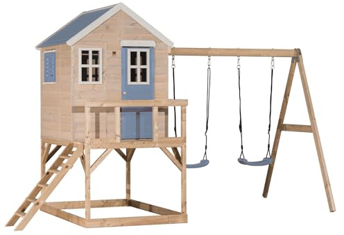 Wendi Toys M27PB stylhus med dubbel gunga – lektorn av trä för barn, trädgård, utomhus, piedesthöjd 90 cm, 192 × 405 × 242 cm, med stege, terrass, fönsterluckor och golv, väderbeständig, blå