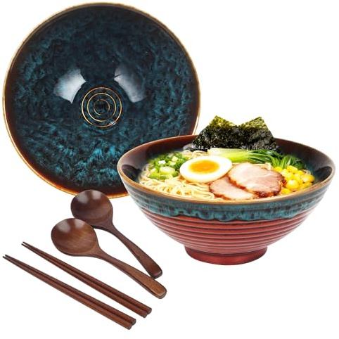 JIYANA 2 x 1200ml Bol Ramen Set de Cerámica con Palillos Japoneses y Cucharas, Cuenco Ramen de 20cm, Ramen Bowl Grande para Fideos Ramen y Noodles, Cuencos para Sopa y Ensalada