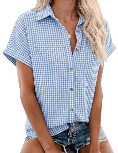 Rapbin Chemisier décontracté à manches courtes et col en V pour femme - Chemise d'été boutonnée élégante - Chemisier en coton avec poche