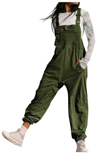Mono de jardín para mujer, peto con tirantes ajustables, mono de trabajo con bolsillos, mono casual, mono elástico, mono largo, mono de jardín, estilo baggy, 01 Green, L