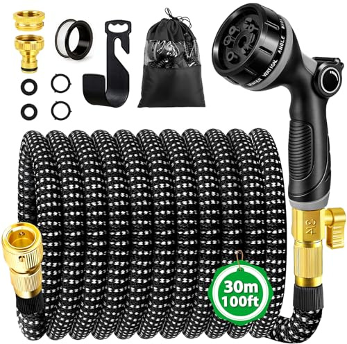 Expandable Garden Hose Pipe 100FT, Flexible Expanding Magic Hose Pipe for Garden with 10 Functions Spray Nozzle, Leakproof Anti-Kink Water Hose with Durable Fitting for Yard Lawn Gardening Car Washing