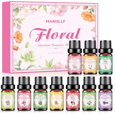 HANOLLY Eteriska Oljor Blommiga TOP 10 x 5ML, Essential Oil Naturliga, För Diffusor, Massage, Gör - Lavendel, Pelargon, Ros, Jasmin, Liljekonvalj, Ylang-Ylang, Neroli, Kamomill, Körsbärsblomma, Lilja