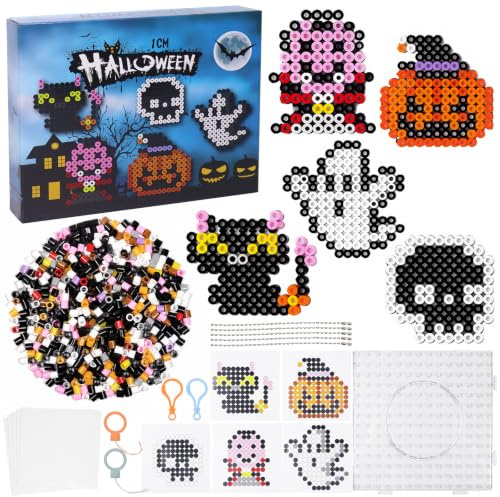 Halloween strykpärlset, stora 10 mm strykpärlor, plug-in pärlor med hylsplatta, 5 mönster, strykpapper, hängen och tillbehör för pyssel hantverk, halloween dekoration gåva