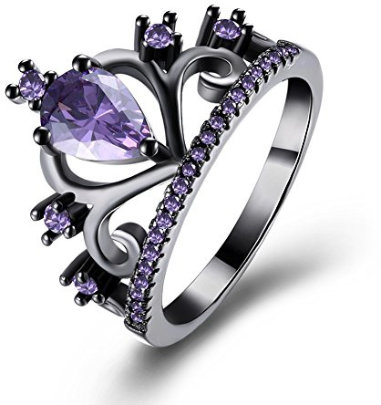WANGYUSHENG Womens Black Gold Plated Purple Amethyst Cubic Zirconia CZ Princess Crown Tiara Ring Wedding Band (8)