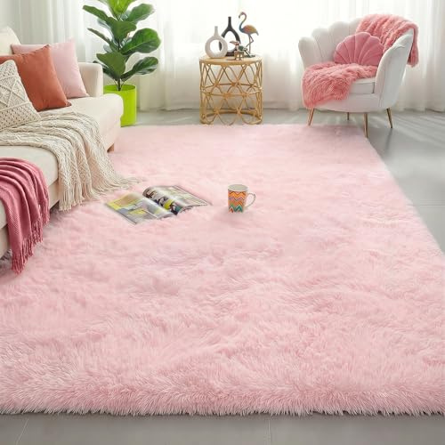 Amdrebio Alfombra Rosa de Pelo Largo, Suave, mullida, simpática, Decorativa, 120 x 180 cm, para Dormitorio Juvenil o para Juegos de bebé, para salón, residencia universitaria
