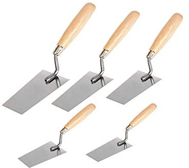 Toolty Truelle seau en acier inoxydable – Lot de 130, 140, 150, 160, 180 mm – Poignée en bois – Pour grattage : moteur, ciment, plâtre, maçonnerie, briques – TLTY-S016