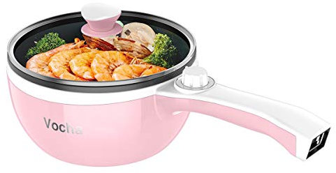 Vocha Mini Olla Eléctrica, Sarten Antiadherente Electrica Multifunción Con Tapa, Calefacción rápida, 20cm Diámetro, 1.5 L, Hot Pot Fondue Eléctrica Portátil para Hogar/Estudio/Viajes (Rosa)