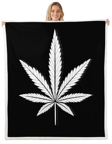 Feelyou Marijuana Leaf Sherpa Blanket Cannabis Leaves Throw Blanket Marijuana Weed Leaf Print Fleece Blanket for Couch Bed Sofa Men Bedroom Decor Black White King 87x95
