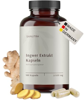 SANUTRA® Ingwer Kapseln – hochdosiert 15:1 Ingwer-Extrakt mit 5% Gingerolen, vegan, ohne Zusätze, rückstandskontrolliert, deutsche Herstellung, 180 Stück x 600 mg