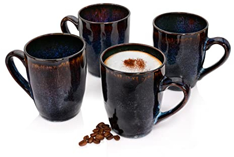 Sänger | Kaffeetassen Set Tokio 4 tlg, Kaffeebecher Set 4 Personen, Steingut Tasse Spülmaschinenfest, Tassen Set Handmade, Mug Set Blau-Schwarz mit Braunen Akzenten 300 ml | PREMIUM COLLECTION