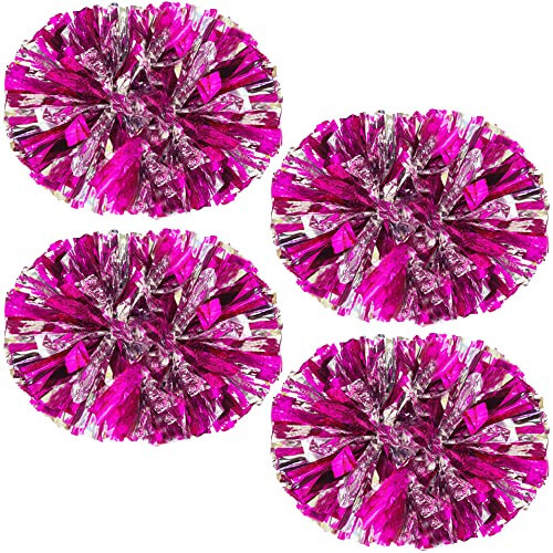 YIVENC Cheerleading-Pompons, Metallic-Cheer-Pompons mit Trainings-Banton-Griff für Team-Sport, Spirit, Squard, Cheerleader, Hot Pink und Silber, 4 Stück