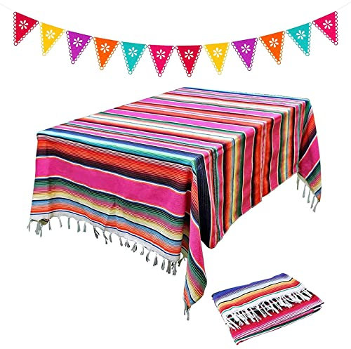 84 x 59 in mexikanischen Tabelle Läufer und Banner, rechteckige Tischdecke mit Quasten, gestreifte Tabelle Läufer Baumwolle Bunte Tabelle Läufer für mexikanischen Karneval, Partys, Picknicks