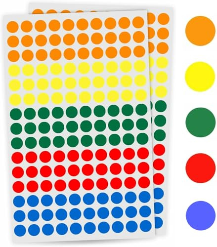 Rubigo 8mm Coloured Dot Stickers – 1500/3000 Sticky Dots in 5 Assorted Colours, Circle Labels for Calendars, Planners, Crafts, Office & School Use (1500 Dots)