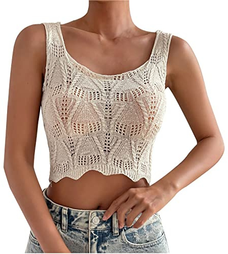 Windsfinr Crop Top Débardeur à col rond pour femme - Tricot au crochet - Sans manches - Col en U - Pour adolescentes et filles - Coupe droite - Haut d'été, beige, S