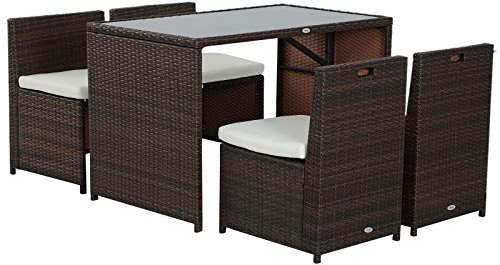 Outsunny 5-teiliges Polyrattan Gartenmöbel-Set, wetterfest Balkonmöbel für 4 Personen Terrassenmöbel mit Tisch 4 Stühle Kissen, Lounge-Set Essgruppe Sitzgruppe für Balkon, Garten, Braun+Khaki