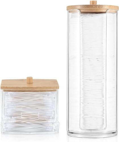 AIMIXUN 2 Stück Wattestäbchen Behälter, Wattepads Aufbewahrung mit Bambus-Deckeln, Wattestäbchen Bambus Box für Wattestäbchen Organizer Wattepads für Runde Wattepads, Zahnseide, Haarspangen