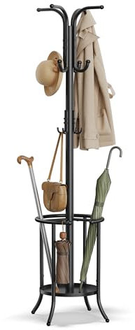 SONGMICS Garderobenständer mit Regenschirmständer, Kleiderständer freistehend, 12 Haken, Metall, 175 cm hoch, für Eingangsbereich, Flur, Wohnzimmer, Schlafzimmer, tintenschwarz RCR011B01
