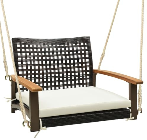 DORTALA Hanging Porch Swing, 1 Person Patio Wicker Swing Chair with Metal Frame, Cushion, Ropes & Hooks, Outdoor PE Rattan Swing Seat for Lawn Garden Backyard Balcony, Off White
