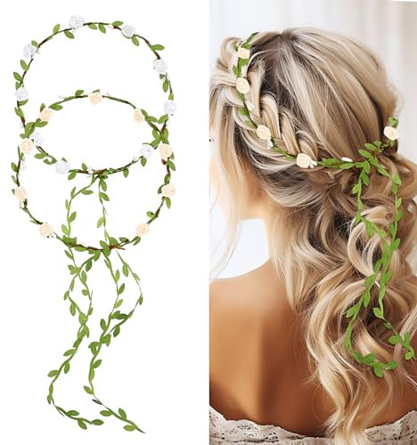 Andibro Damen Girlande Stirnband, 2 Stücke Blumenkrone Stirnband Boho Blumen Haarband Handgefertigte Rosenblatt Haarbänder Hochzeits Party Geburtstag Kopfschmuck(weiß+beige)