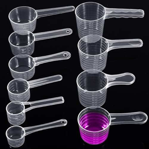 Annyswit 10 Cucchiai Dosatori Trasparenti con Scala da 100/80/70/60/40/30/25/20/15/10 ml Misurino Proteine Grammi in Plastica Scoop Löffel per Cucinare Backen Detersivo Creatina Proteine Dosatore