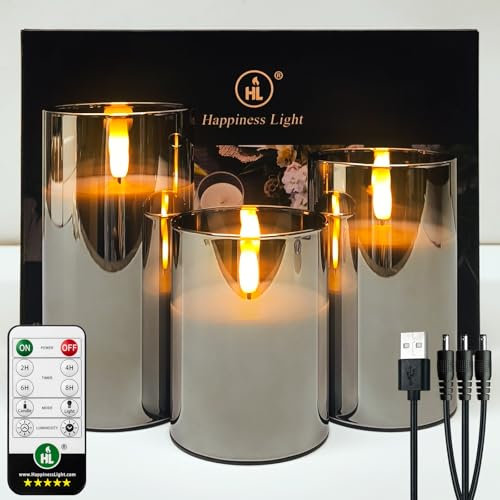 HL LED Kerzen Flammenlose im Glas, Wiederaufladbare mit Fernbedienung Timer Flackernde Kerzen, für Hochzeit Festival Weihnachten Home Decor, Set aus 3 Wachs Säulenkerzen, Grau