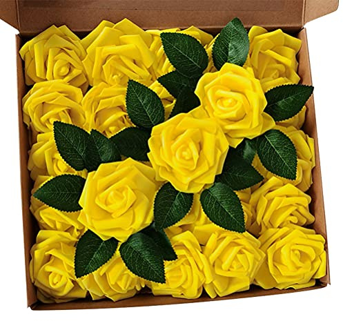 25 Rose Artificiali in Schiuma, Testa di Fiore in Schiuma Real Touch Bouquet da Sposa Giallo per Bouquet da Sposa Fai da Te Baby Shower con Steli per Composizioni Floreali, (rose