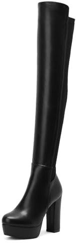 Platform Stretch Thigh High Overknee Boots for Women - Wide Calf, Round Toe, Block High Heels, Party Dressy, Zipper, Leather PU-Black Size 37