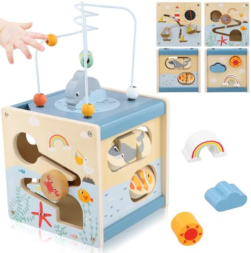 Focenat Motorikwürfel ab 1 Jahr, Aktivitätswürfel aus Holz, Motorikspielzeug, 6-in-1 Montessori Spielzeug mit Perlenlabyrinth Sortierspiel, Holz Kinderspielzeug Lernspielzeug für Kleinkinder