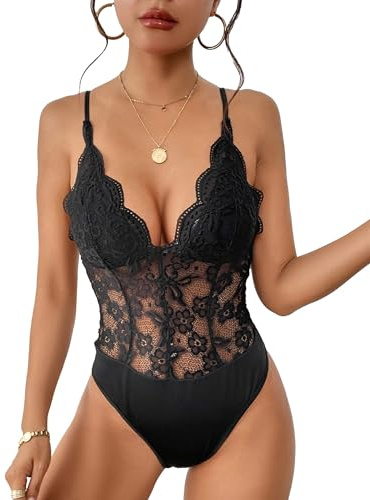 Everbellus Body Sexy en Dentelle Florale pour Femme, Débardeur en Maille Transparente, Décolleté en V Profond, Bretelles Spaghetti Réglables Noir X-Large