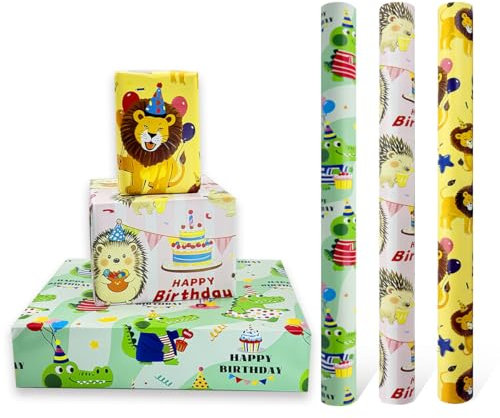 3 Rollen 43 cm x 3 m Geschenkpapier zum Geburtstag, recycelbares Geschenkpapier mit Tiermotiven, bedruckt mit Löwe, Krokodil und Igel zum Dekorieren von Geburtstagsgeschenken für Jungen