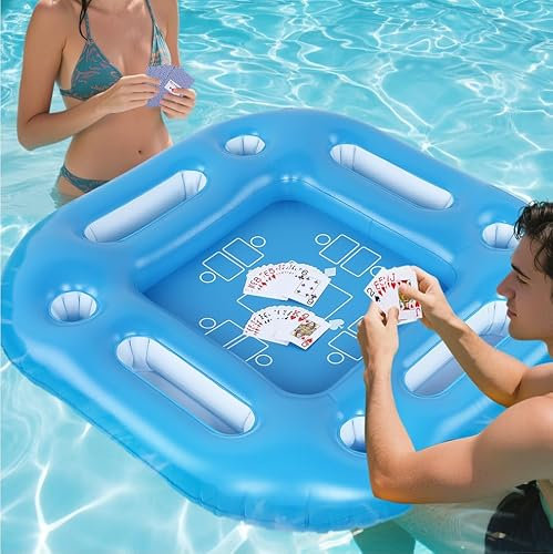 Biggun Floating Pool Game Table - Spacious Inflatable Board Games Table with Waterproof Playing Cards, Fun to Use Food Drink Bar for Summer Pool Accessories