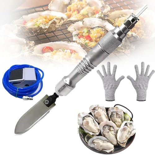 Pneumatic Oyster Shucker - Abridor De Mariscos De Acero Inoxidable con 2 Pares De Guantes, Frecuencia 1000BPM & Carrera 16mm, Cuchillo para Ostras con Aire Scaler para Mariscos, Hoteles, Buffets