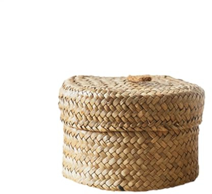 Cestas pequeñas redondas de almacenamiento de hierba marina, cesta de mimbre, cestas pequeñas de pasto marino, cesta de almacenamiento, mimbre con tapas, caja organizadora para estantes de