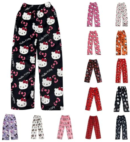 Chnnamzu Pantalon Pyjama Femme Flanelle Bas de Pyjama Polaire Chaud et Doux Confort Cartoon Chat Anime Imprimé Kawaii Mode Décontracté Vêtements de Nuit Pantalons pour Maison Lounge