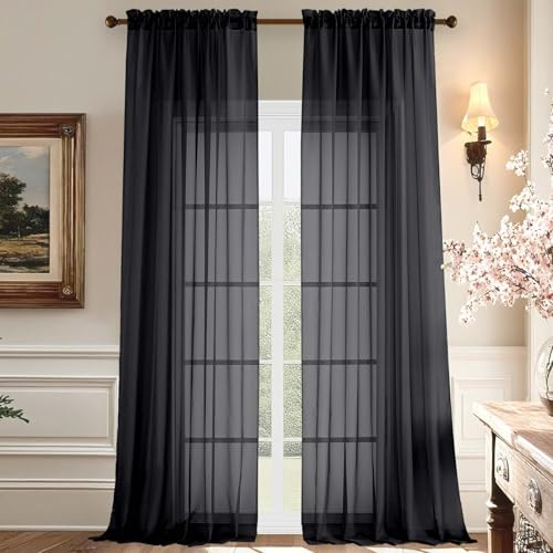 Aiyufeng Tende trasparenti nere lunghe 300 cm, con tasca per bastone, extra lunghe, in tinta unita, eleganti tende e tende per soggiorno e camera da letto, 2 pannelli (nero, 150 x 304 cm (larghezza x